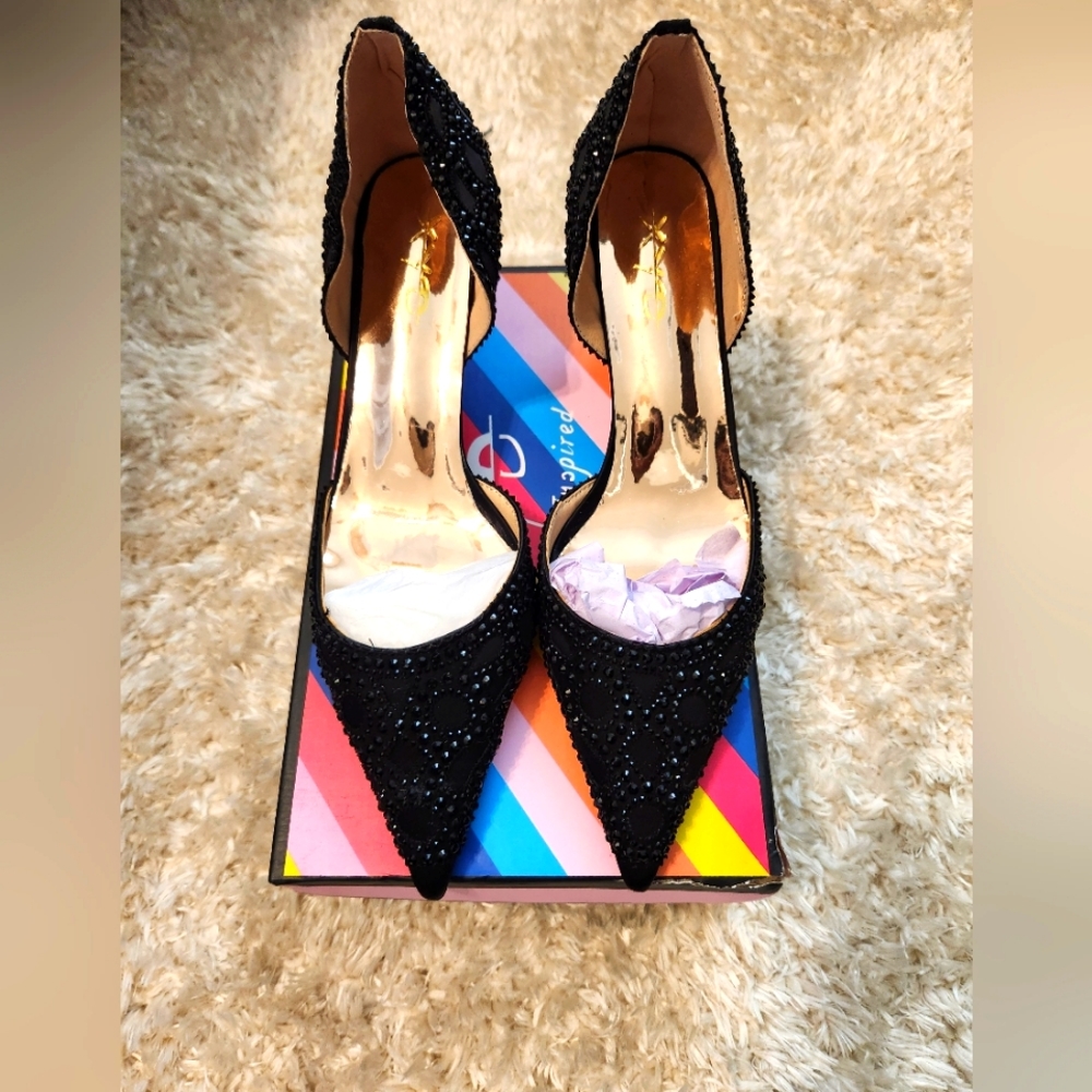 XYD Black Pointed Toe Low Heel D'Orsay Rhinestone Studs Pumps Dancing Satin Shoe